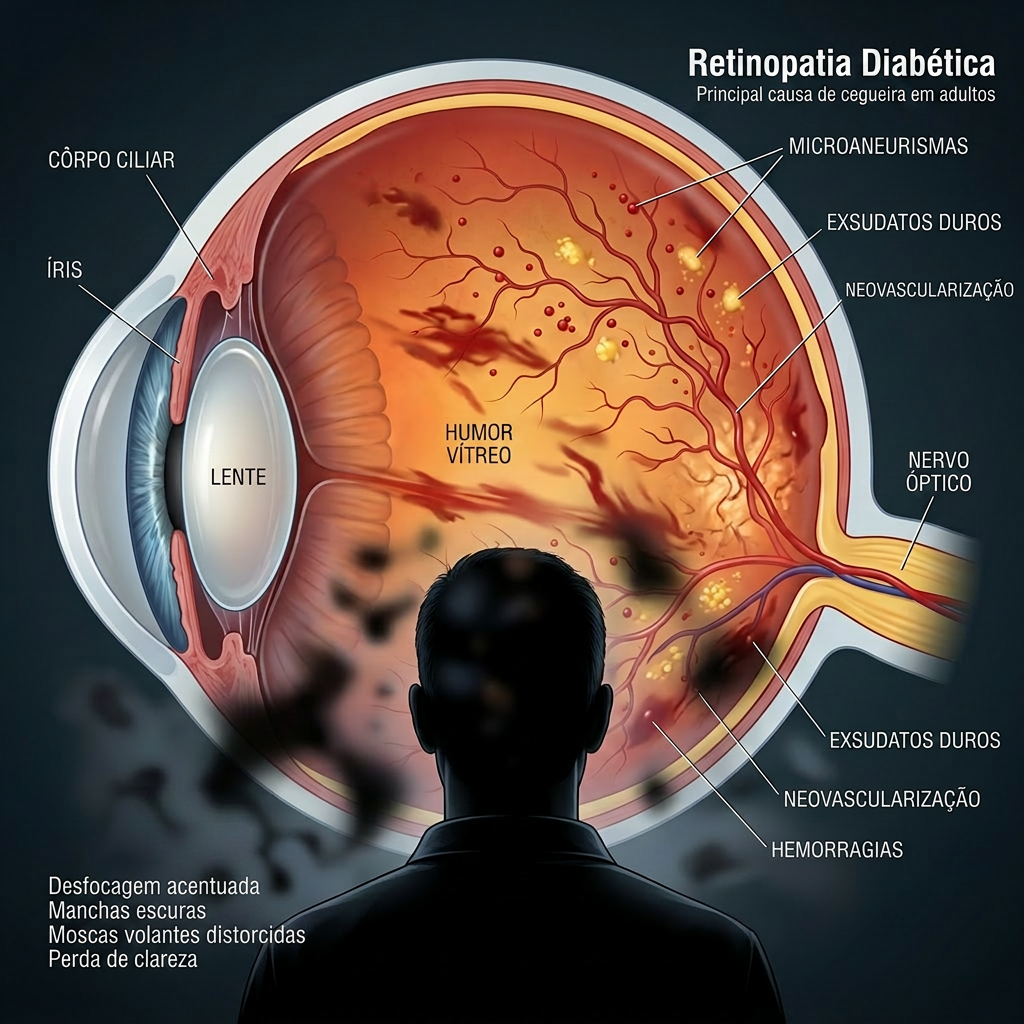 Exame de fundo de olho mostrando retinopatia diabética